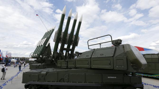 A Russian BUK-M2E medium-range battlefield surface-to-air missile system is on display at the Army-2015 international military-technical forum in Kubinka