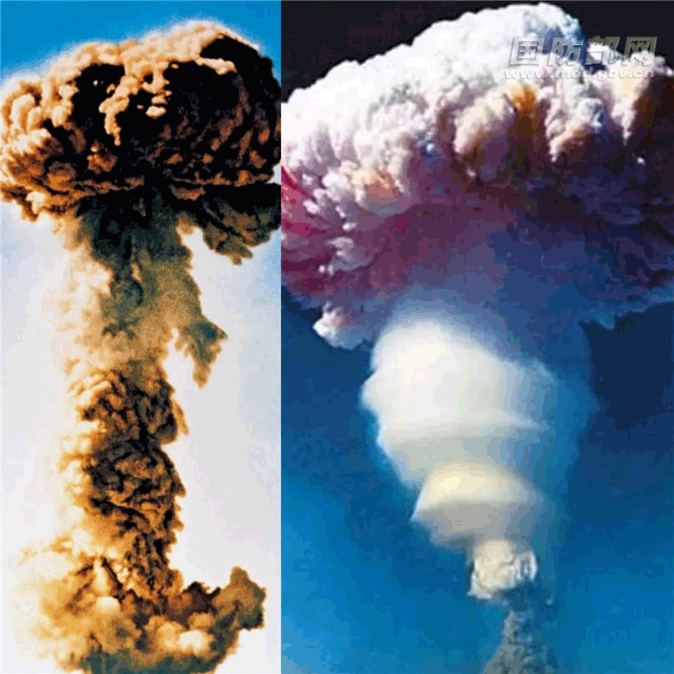 左图:原子弹爆炸后升起的蘑菇状烟云.右图:中国第一颗氢弹爆炸成功.