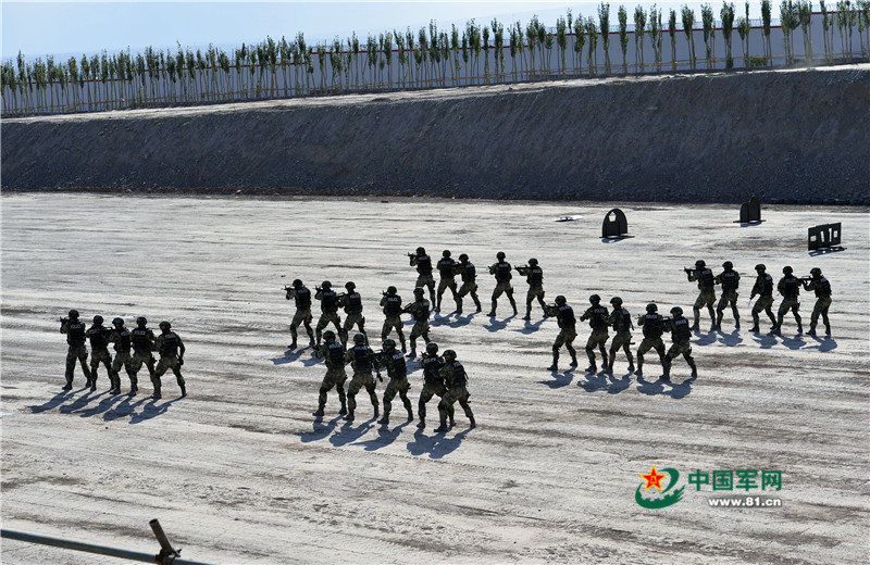 "利剑突击队"队员正在为新兵演示战斗队形和小组协同.