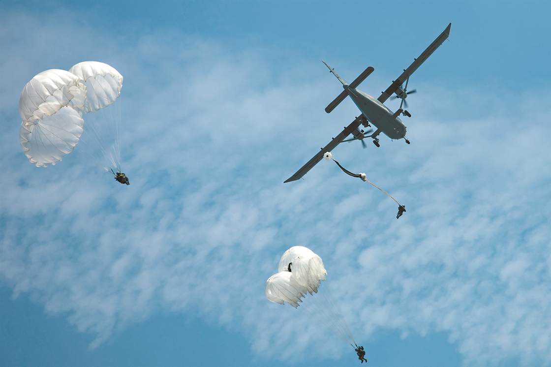 空降兵某部组织部队开展多伞型超低空水域跳伞训练 来源:解放军报
